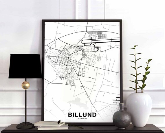 Billund Denmark Map Poster Black White Wall Decor Design Scandinavian Minimal Nordic Housewarming Travel Bedroom