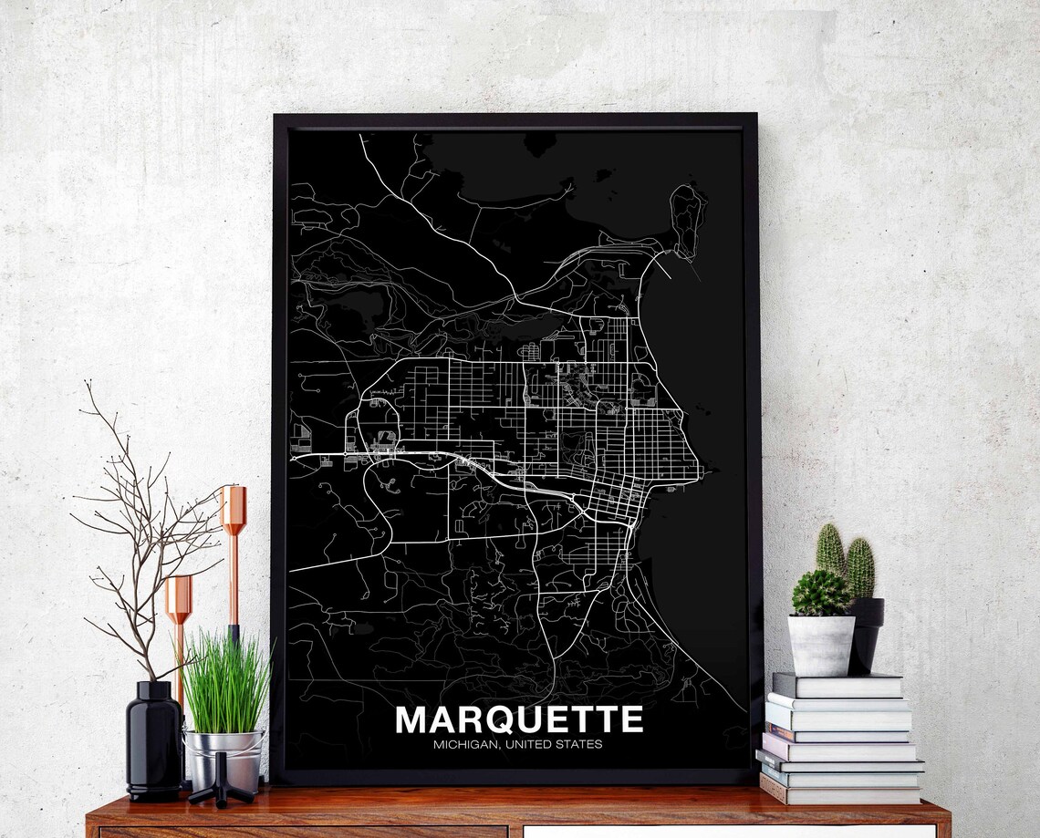 Marquette Michigan Black Minimalist City Street Map Wall Decor Poster