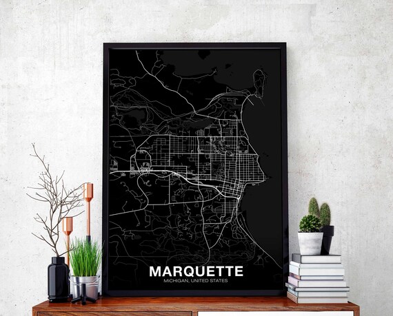 Marquette Michigan Mi Usa Map Poster Black White Hometown City Print Modern Home Decor Office Decoration Wall Art Dorm Bedroom Gift