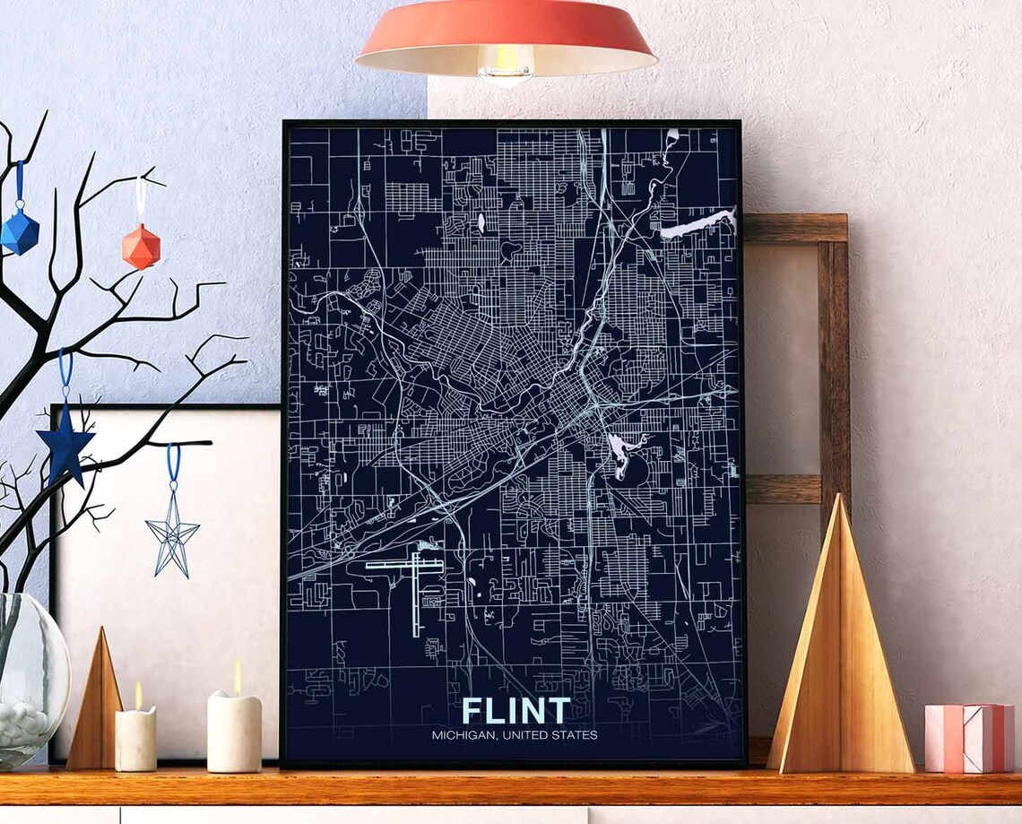 Flint Michigan Navy Blue Detailed City Street Map Art Poster