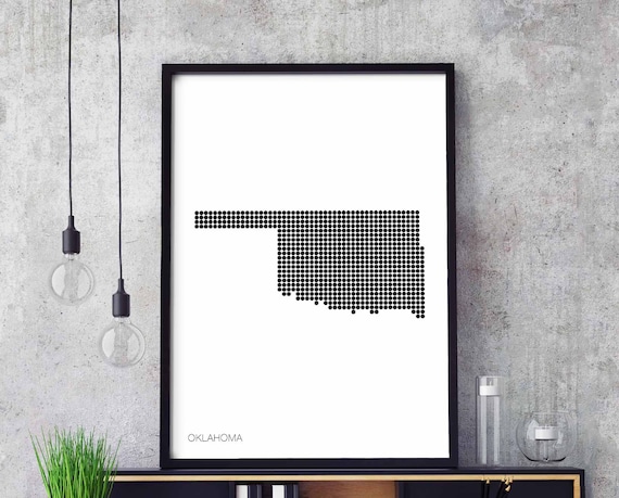 Oklahoma Us State Minimal Dots Retro Map Poster Black White Wall Decor Design Modern Swiss Scandinavian Nordic Housewarming Travel