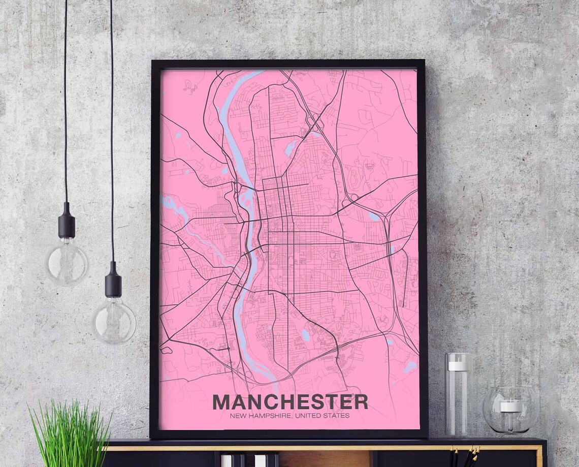 Manchester New Hampshire Soft Pink Blue River Street Map Poster