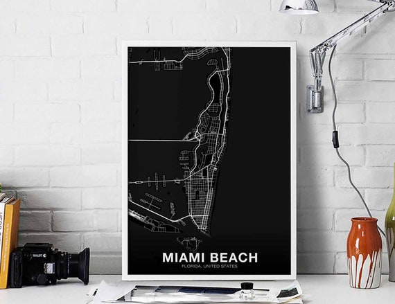 Miami Beach Florida Fl Usa Map Poster Black White Hometown City Print Modern Home Decor Office Decoration Wall Art Dorm Bedroom Gift