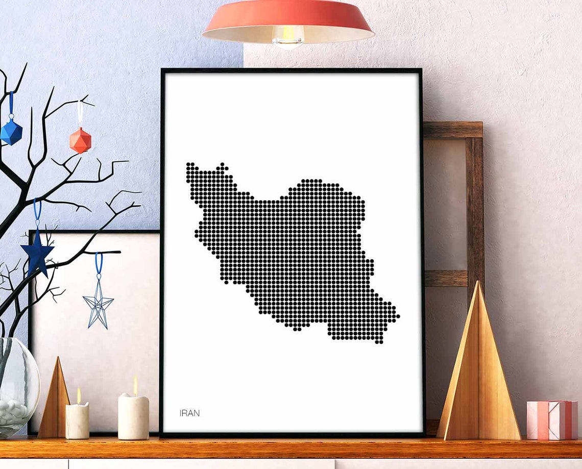 Iran Dotted Map Minimalist Black White Country Art Wall Poster