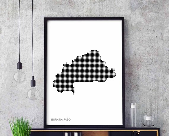 Burkina Faso Minimal Dots Retro Map Poster Black White Wall Decor Design Modern Swiss Scandinavian Nordic Housewarming Travel