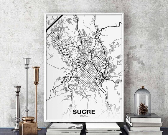 Sucre Bolivia Map Poster Black White Hometown City Print Modern Home Decor Office Decoration Wall Art Dorm Bedroom Gift