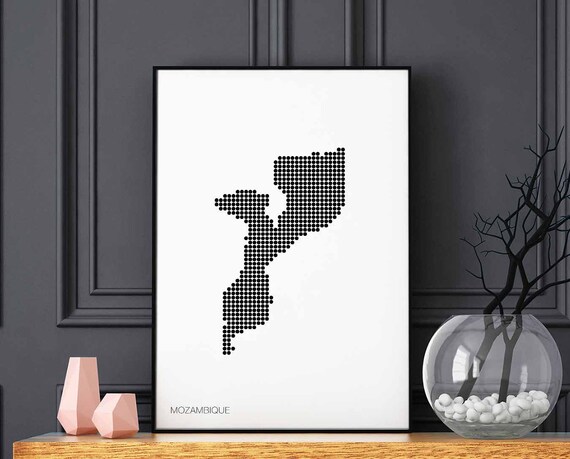 Mozambique Minimal Dots Retro Map Poster Black White Wall Decor Design Modern Swiss Scandinavian Nordic Housewarming Travel