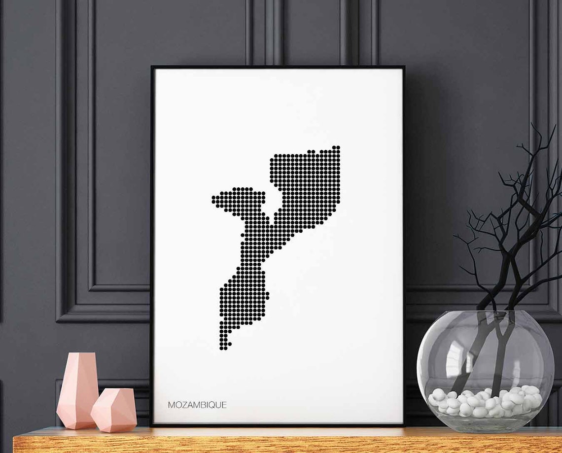 Mozambique Minimalist Dotted Map Black and White Retro Travel Poster