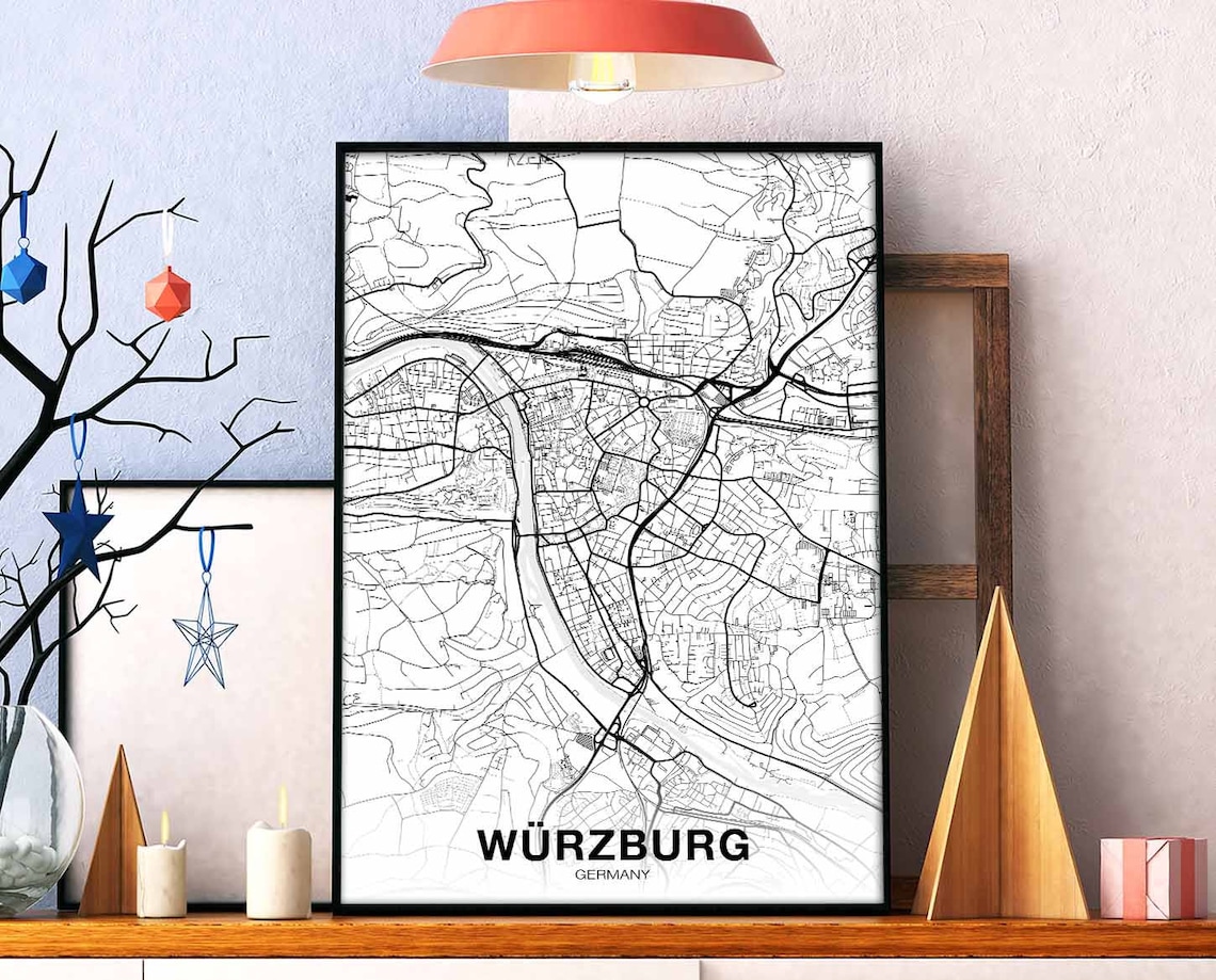 Würzburg Germany Street Map Black and White Modern City Poster Art
