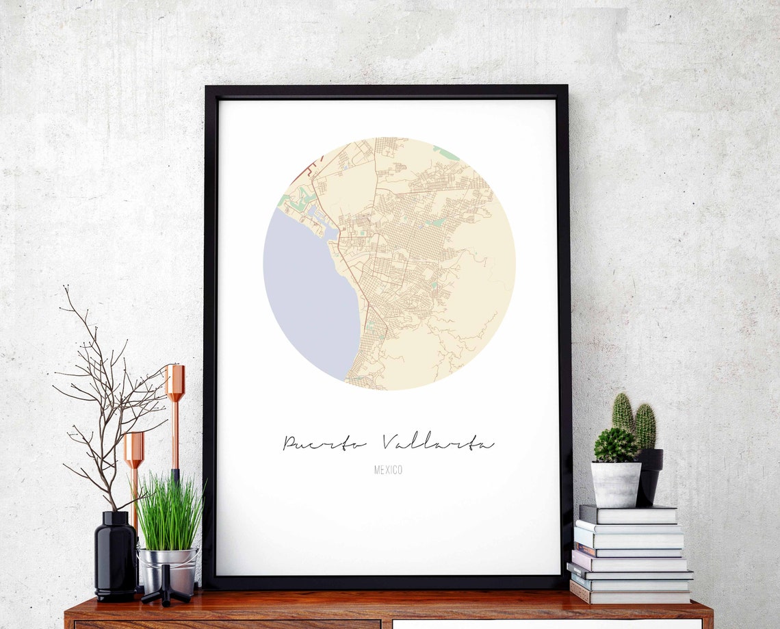 Puerto Vallarta Mexico Round City Map Cream Minimal Art Poster