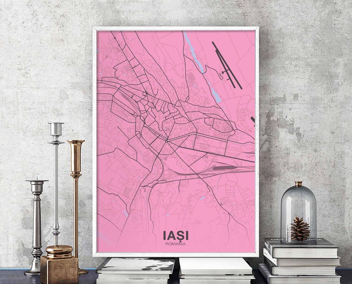 Iasi Romania Modern Minimalist Bold Pink Street Map City Poster