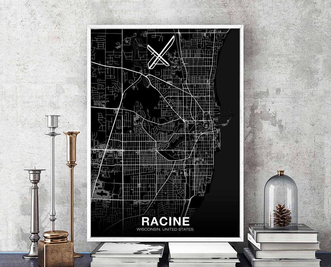 Racine Wisconsin Black City Street Map Minimalist Modern Poster