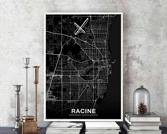 Racine Wisconsin Wi Usa Map Poster Black White Hometown City Print Modern Home Decor Office Decoration Wall Art Dorm Bedroom Gift