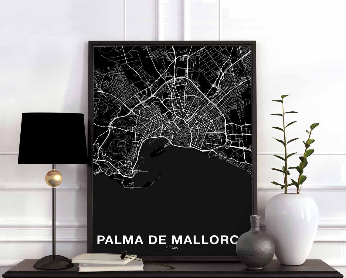 Palma De Mallorca Spain Dramatic Black City Street Map Poster