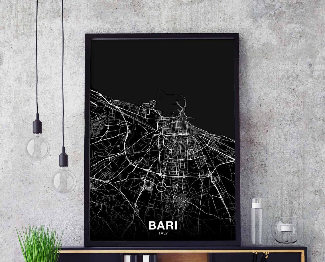 Bari Italy Night Street Map Black Background Modern Art Poster