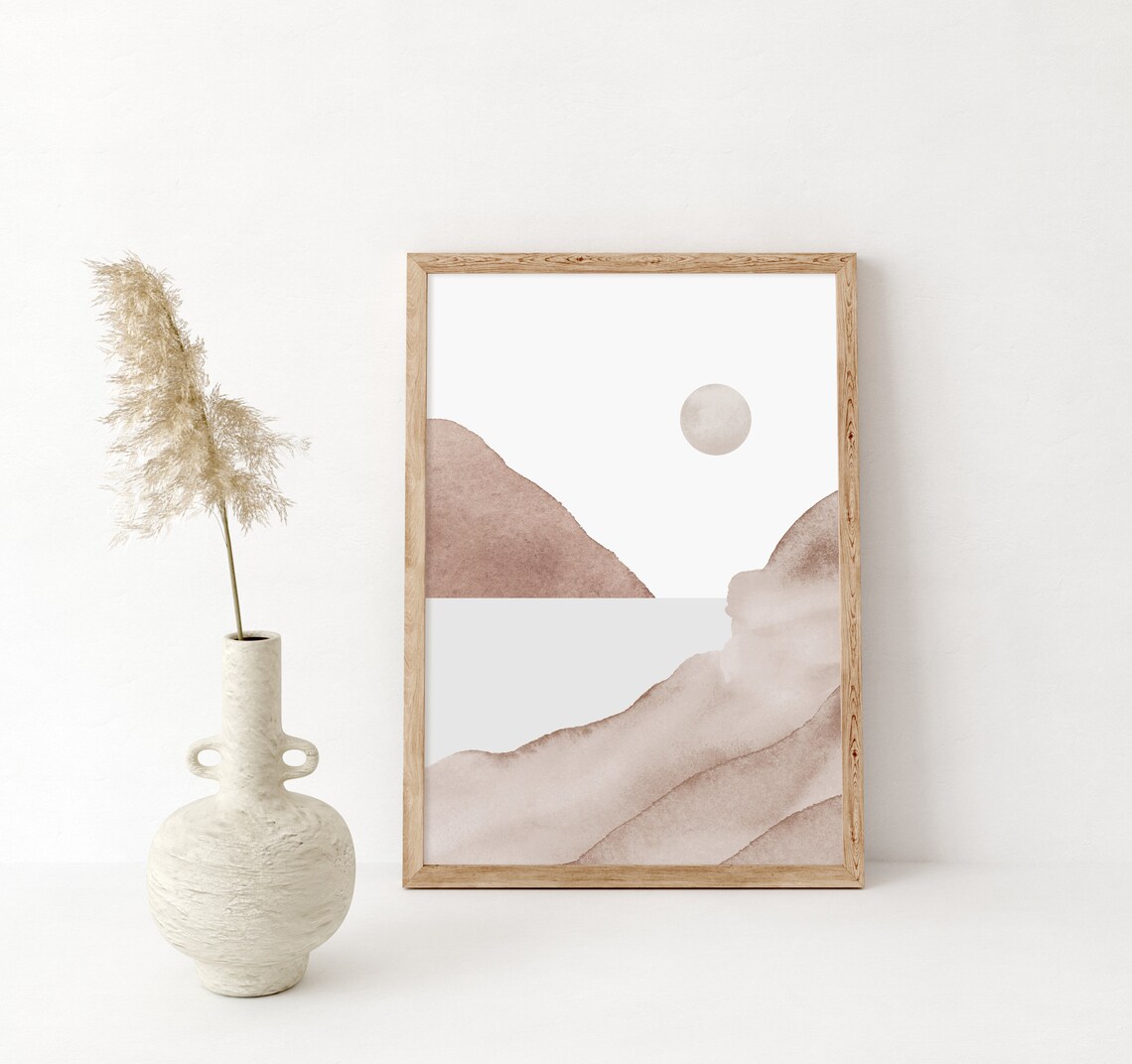 Minimalist Beige Watercolor Landscape with Sun Serene Nature Art Poster - Image 2