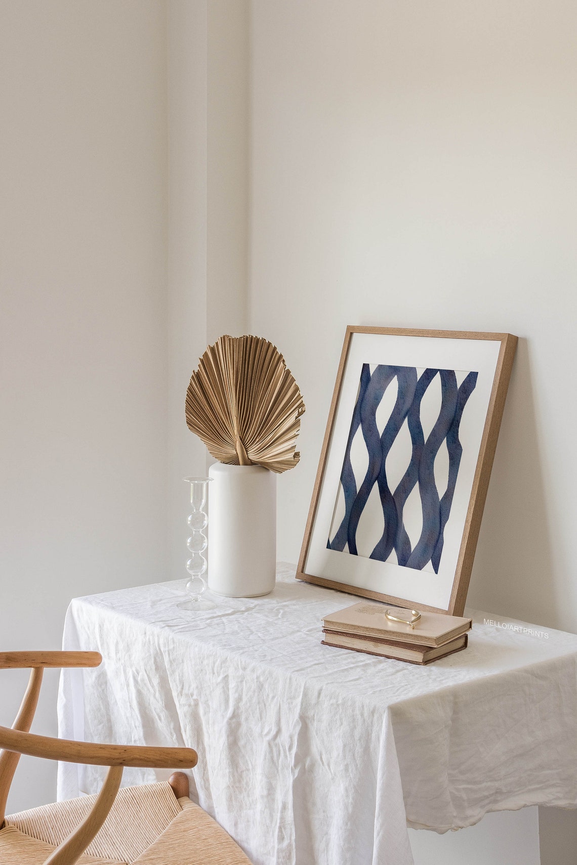 Navy Blue Wavy Lattice Lines White Abstract Watercolor Pattern Poster - Image 2
