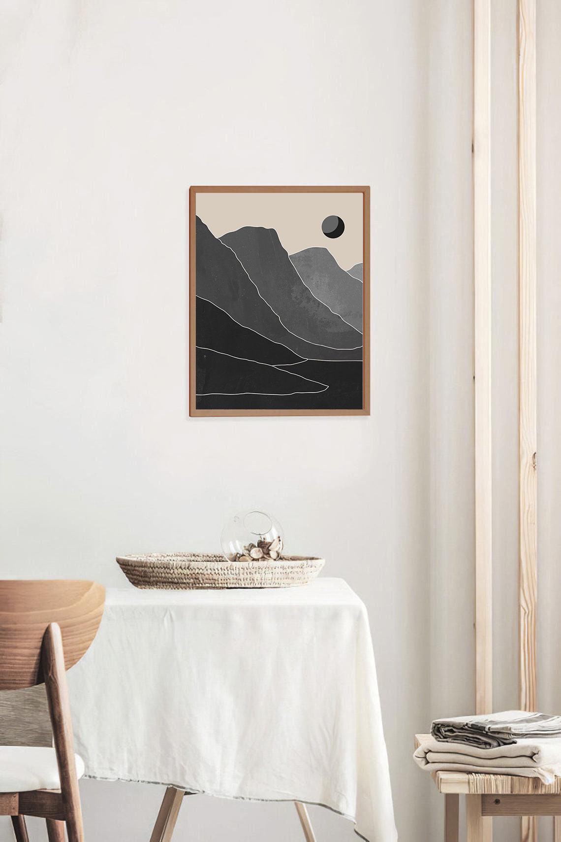 Black Mountain Landscape Crescent Moon Beige Contemporary Poster - Image 2