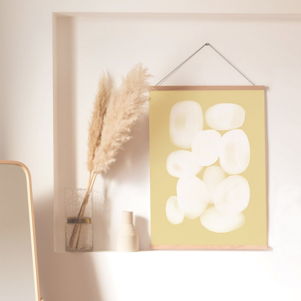 White Pebble Shapes on Mustard Yellow Soft Organic Abstract Art Poster - Image 2