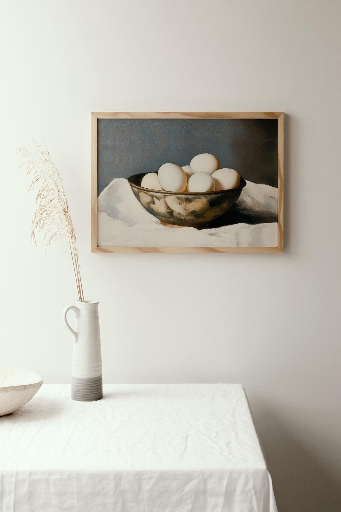 White Eggs in Metal Bowl Moody Still Life Oil Painting Poster - Image 2