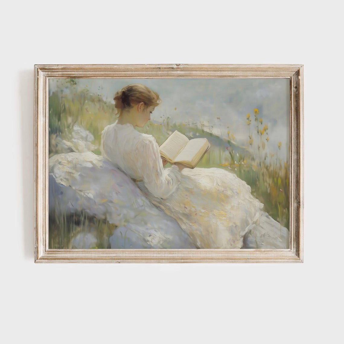 Young Woman Reading a Book in a Sunny Wildflower Meadow Art Poster