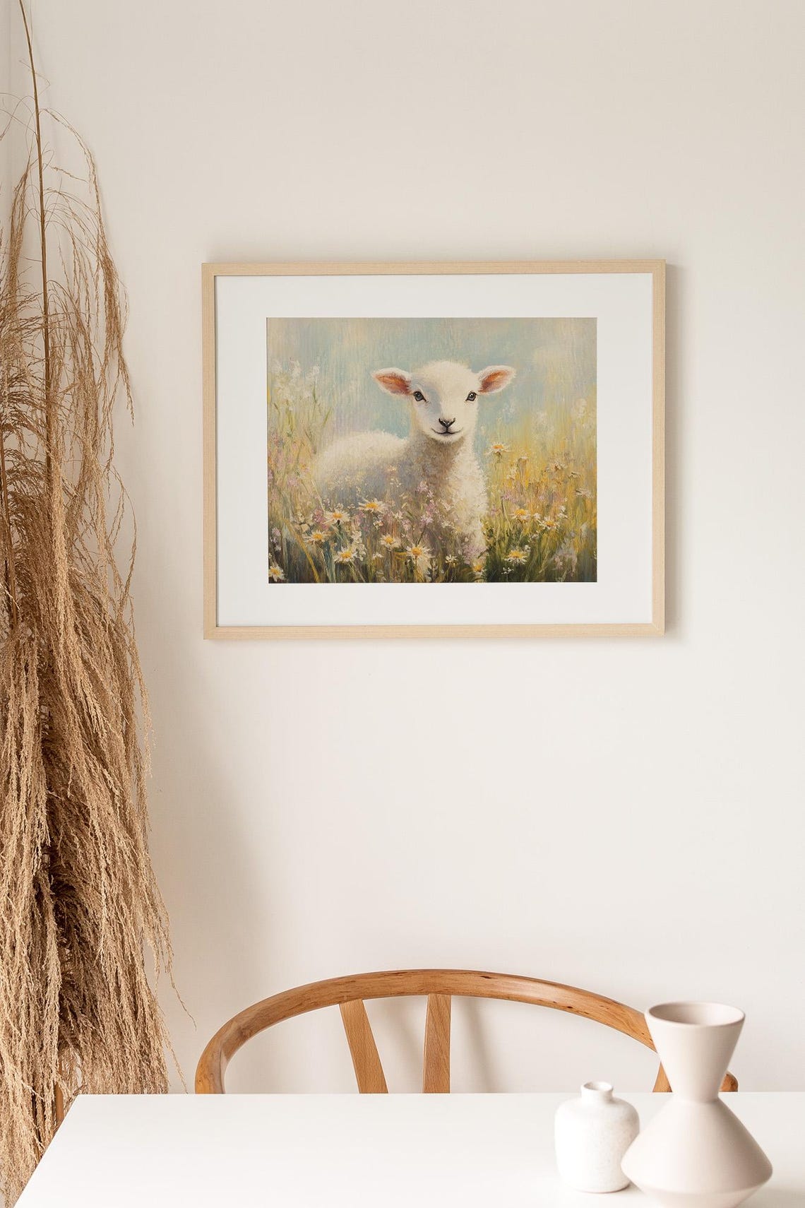 Lamb In Wildflower Meadow Art Print Farmhouse Nursery Decor Pastel Spring Lamb Illustration Rustic Animal Wall Art - Image 2