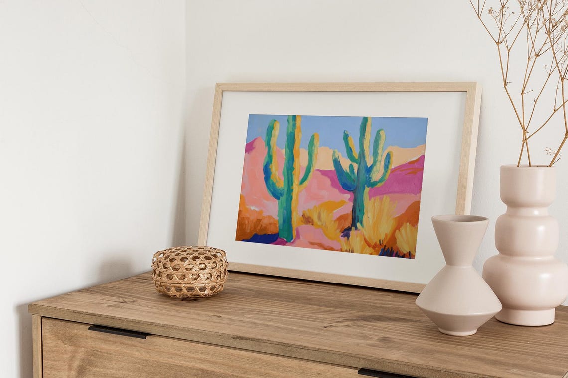 Colorful Saguaro Cactus Pink Desert Mountains Vibrant Painting Poster - Image 2
