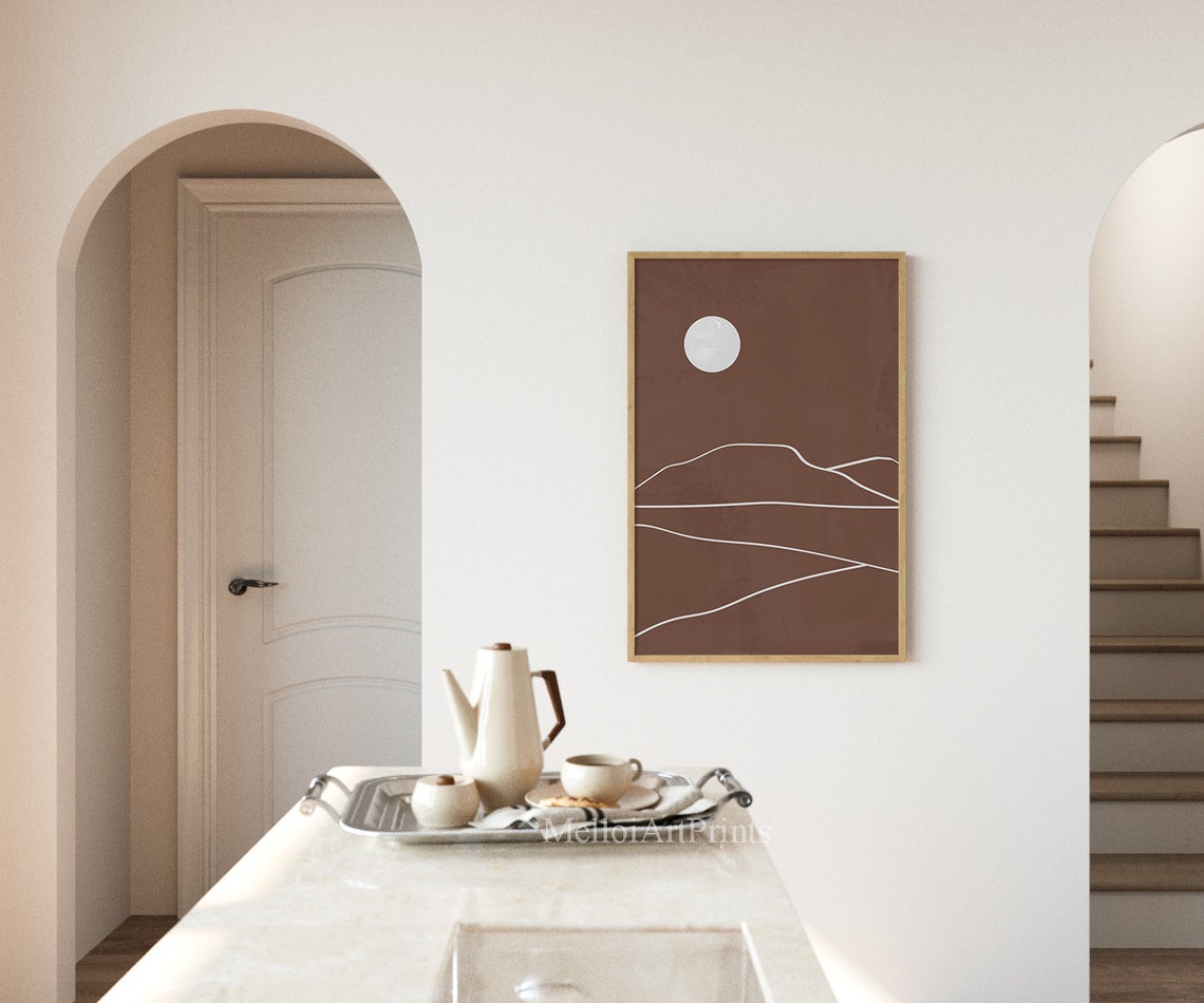 Terracotta Deep Brown Mountain Line Art Minimalist Moon Sunset Poster - Image 3