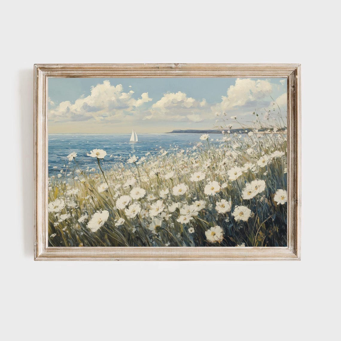 Sunny Coastal Wildflower Meadow Daisies Sailboat Seascape Poster