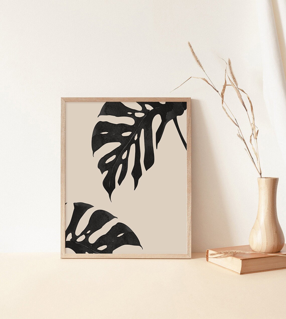 Black Monstera Leaf Print Tropical Wall Art Black Beige Palm Print Modern Wall Art Abstract Wall Art Minimalist Print - Image 2