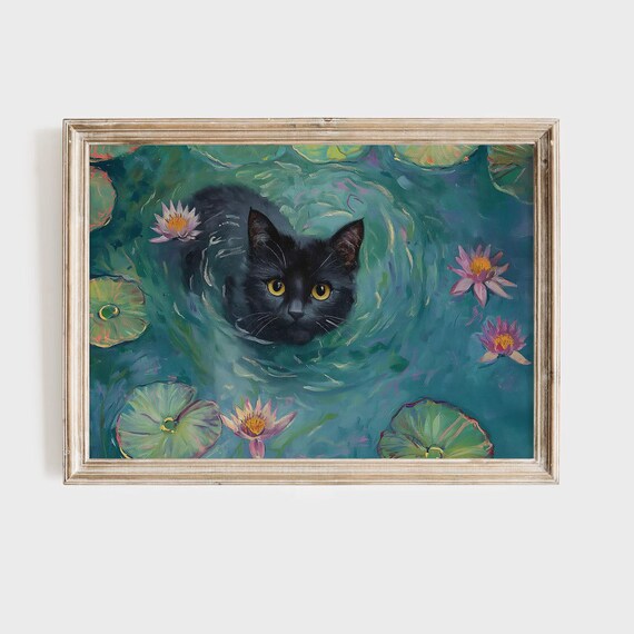 Black Cat Water Lilies Pond Impressionist Oil Painting Poster