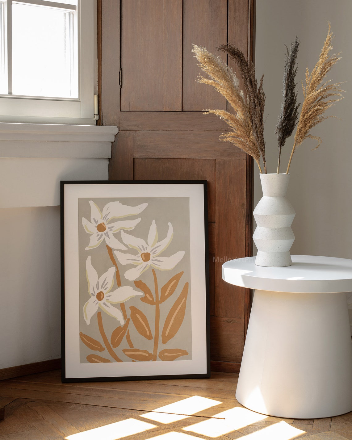 White Flowers Ochre Stems Sage Green Modern Botanical Wall Art - Image 3