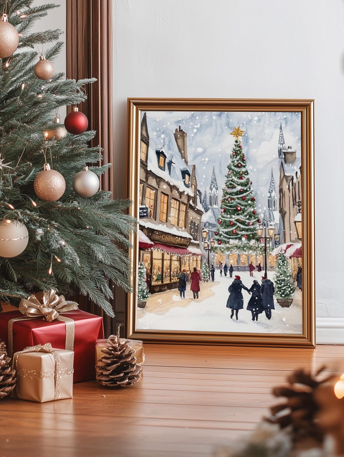 Winter Town Scene Poster Christmas Village Art Print Holiday Market Painting Snowy Street Decor Christmas Tree Wall Art - Image 3