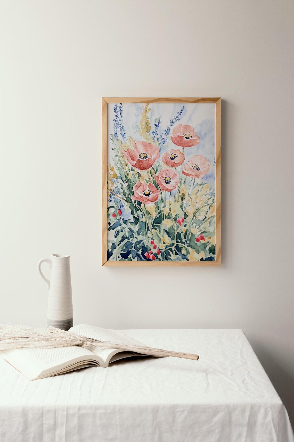 Coral Poppy Field Meadow Watercolor Spring Floral Painting Poster - Image 2