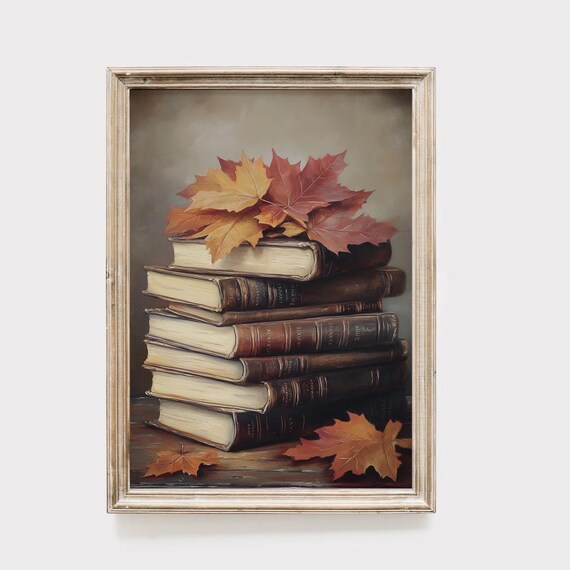 Vintage Autumn Books Painting Fall Maple Leaves Library Wall Poster