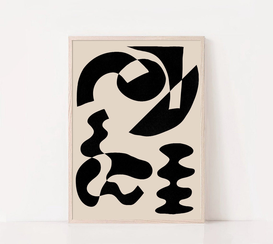 Bold Black Organic Abstract Shapes on Warm Beige Modern Graphic Poster