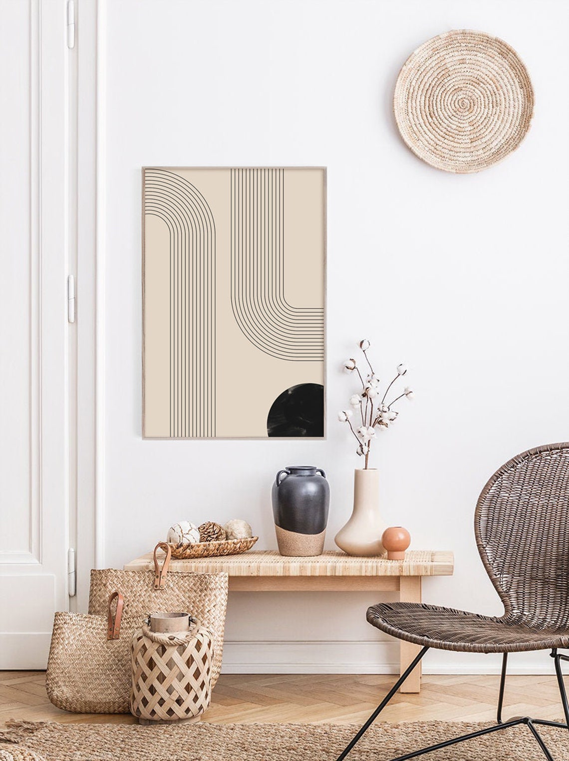 Minimalist Curved Line Abstract Beige and Black Modern Art Poster - Image 2