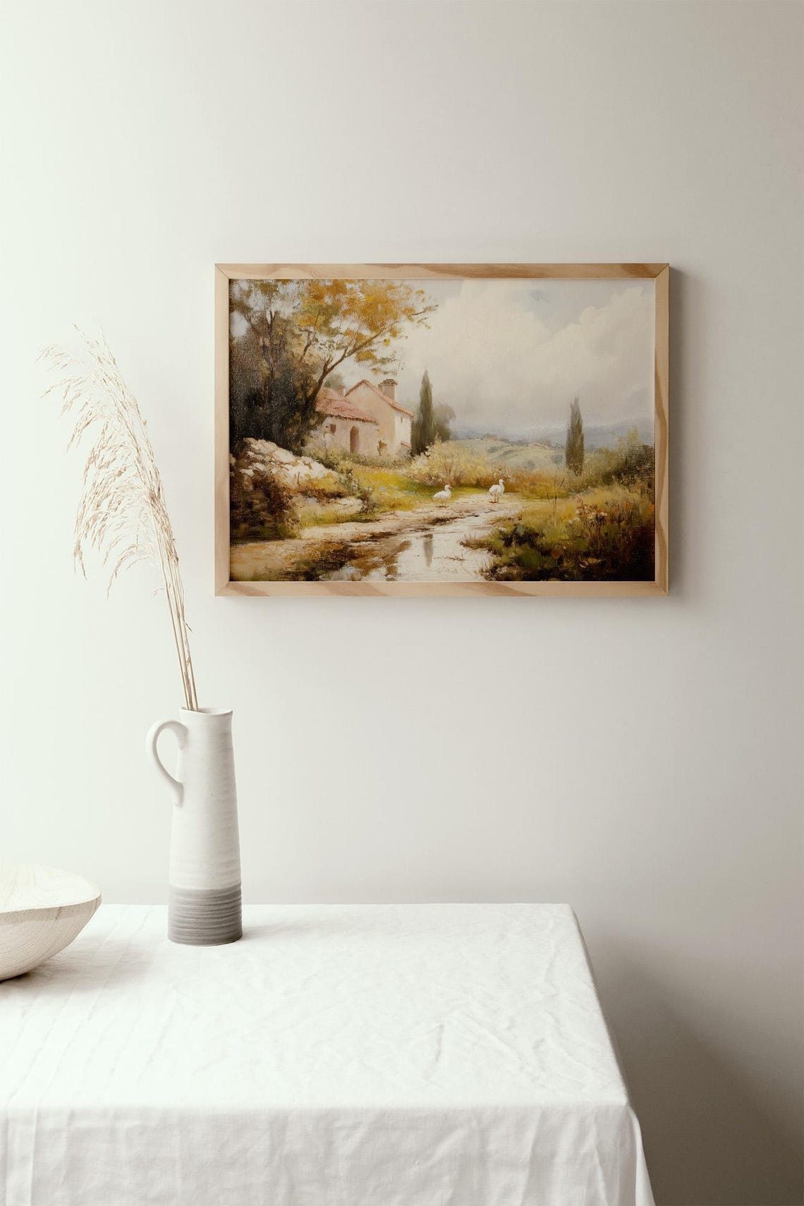 Rustic Farmhouse by a Stream With Two White Geese Pastoral Poster - Image 2