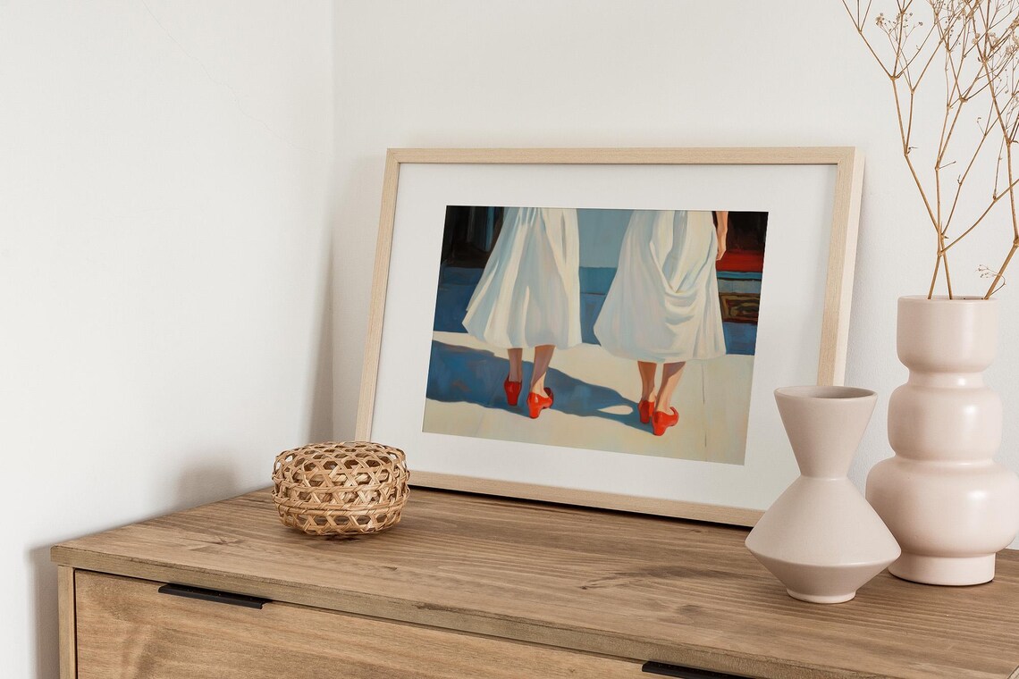 Women In White Dresses Red Shoes Sunlit Fashion Street Poster - Image 3