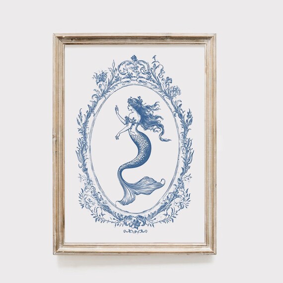 Vintage Mermaid Toile Blue White Ocean Nautical Elegant Poster