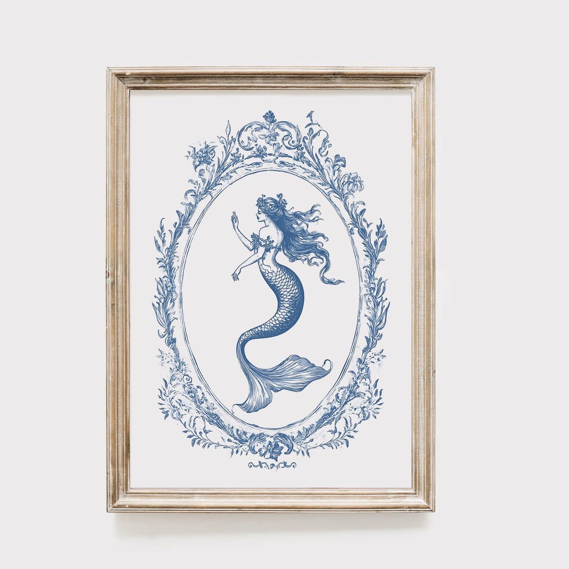 Vintage Mermaid Toile Blue White Ocean Nautical Elegant Poster