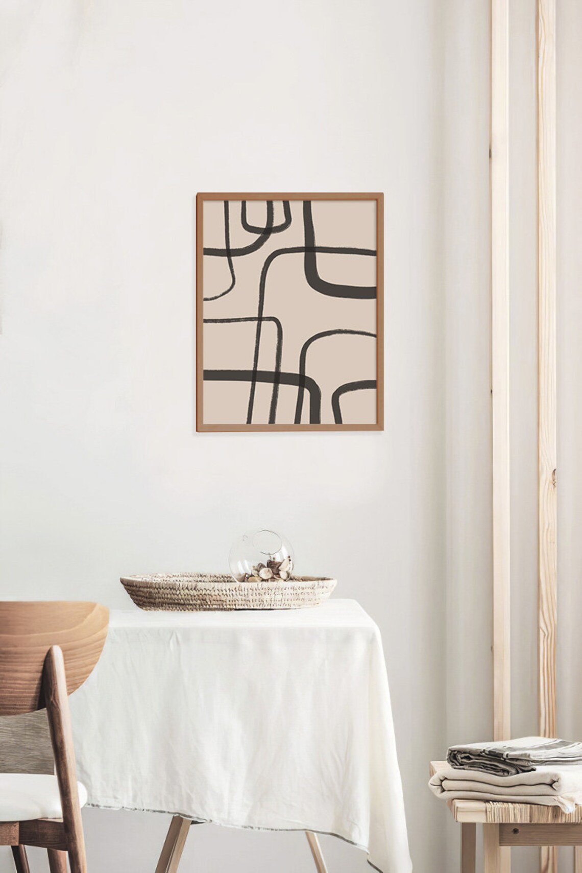 Beige Black Line Art Geometric Abstract Art Print - Image 2
