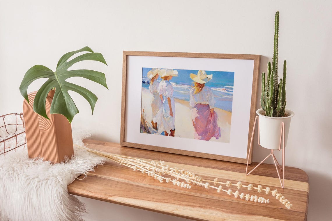 Three Women in Sun Hats Walking on Beach Impressionist Painting Poster - Image 2