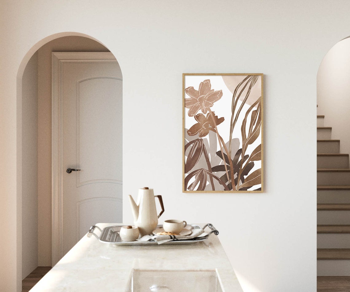 Beige Botanical Flower and Palm Leaf Tropical Wall Art Bedroom Decor - Image 2