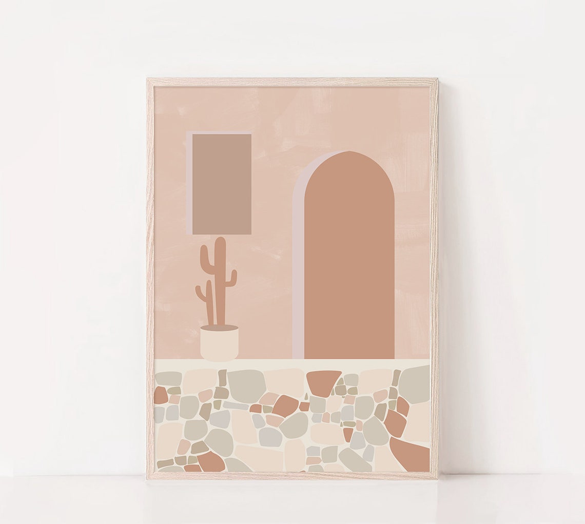 Pastel Arch Doorway Cactus Mediterranean Tile Minimal Wall Poster
