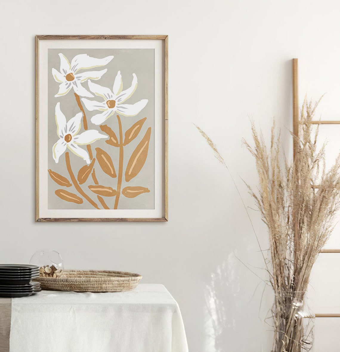 White Flowers Ochre Stems Sage Green Modern Botanical Wall Art - Image 2