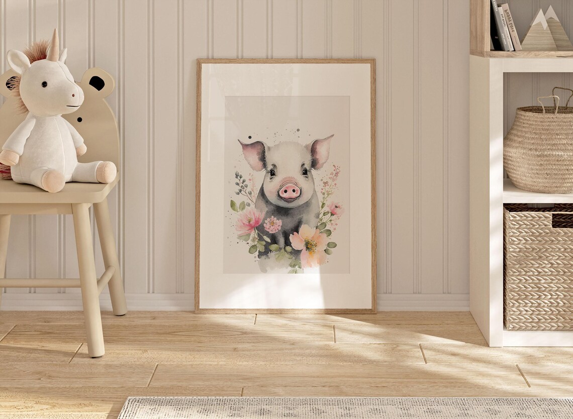 Sweet Baby Pig Watercolor Nursery Portrait With Pink Flowers Poster - Image 2