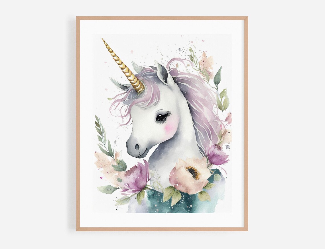White Unicorn With Golden Horn Watercolor Floral Nursery Poster