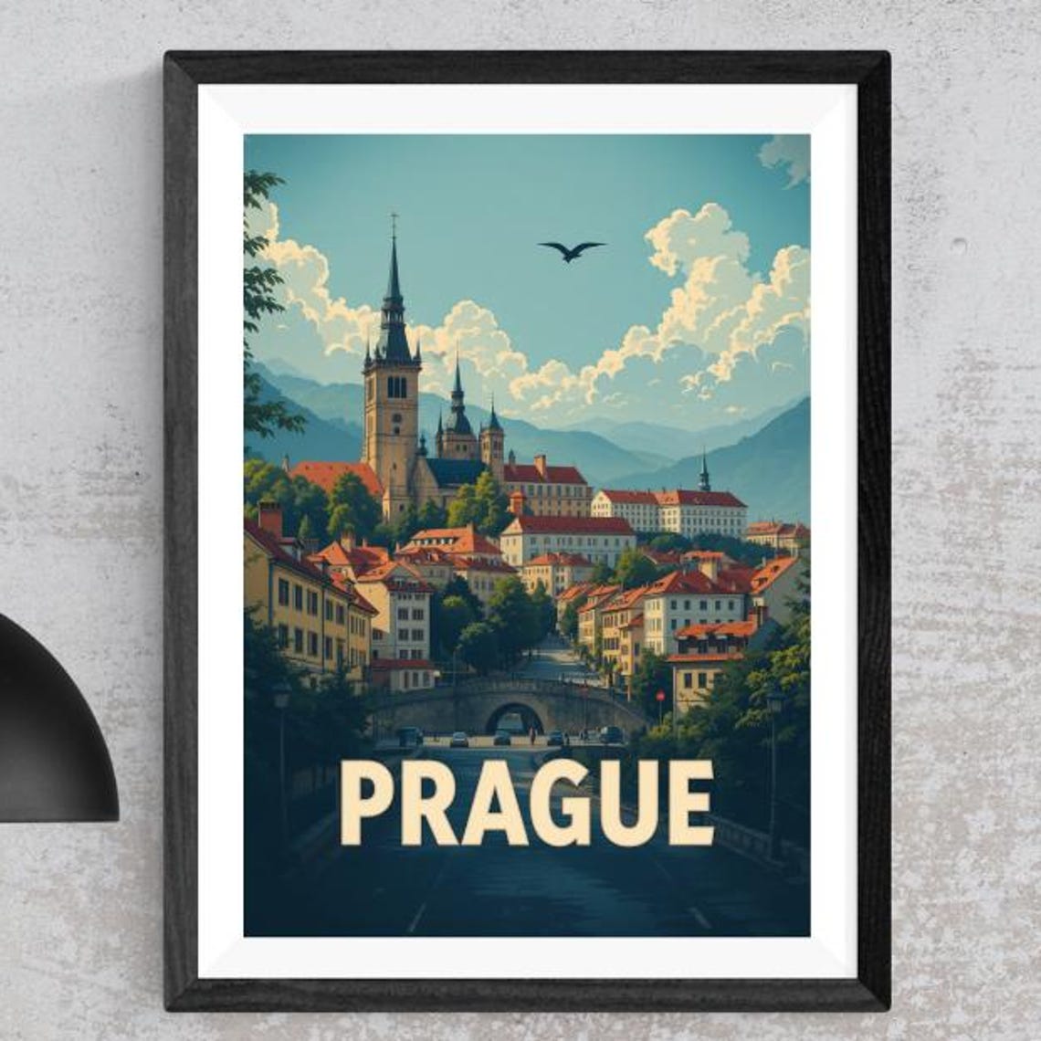 Prague Retro Cityscape Bridge Old Town Vintage Style Travel Poster