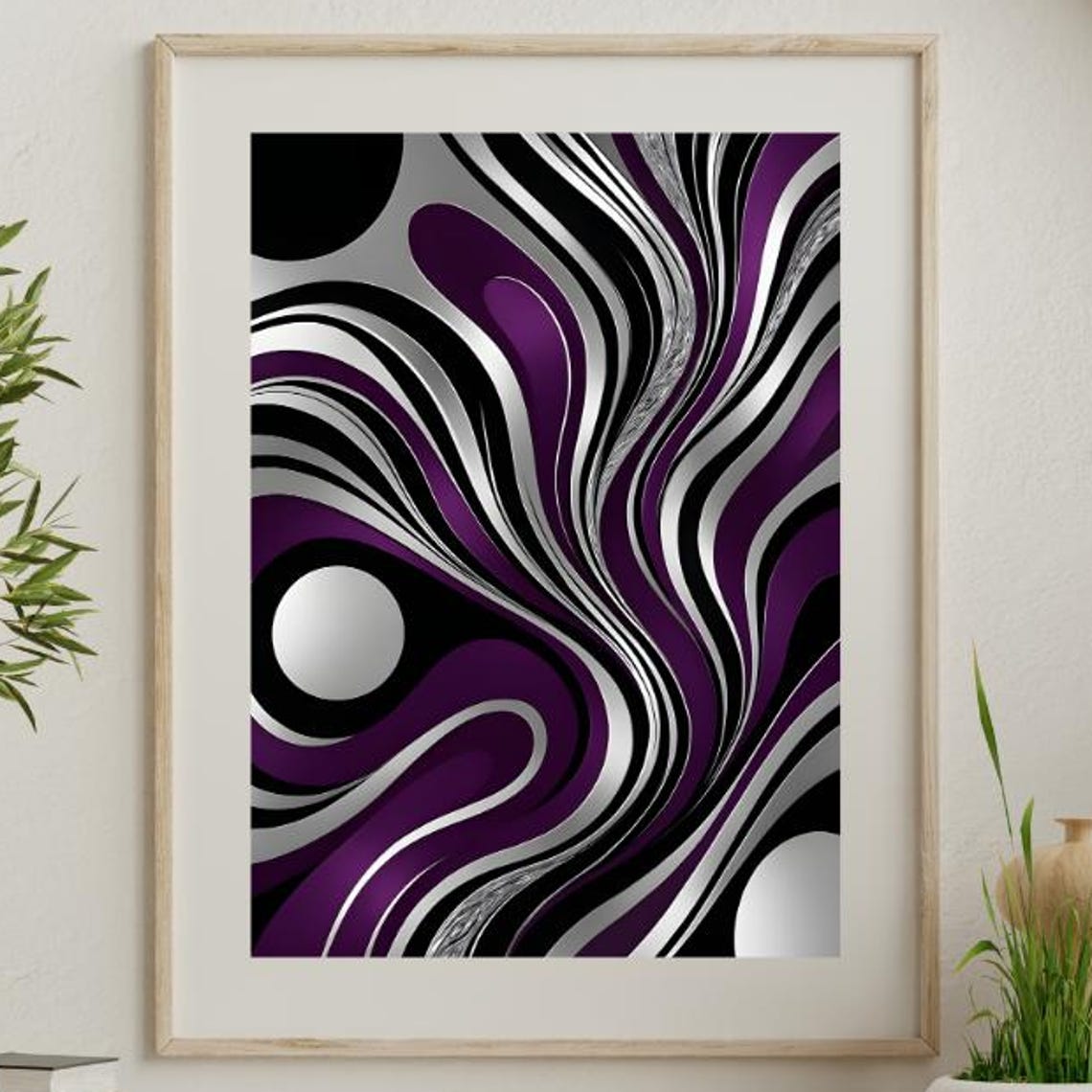 Deep Plum Silver Metallic Organic Swirl Modern Abstract Art Poster